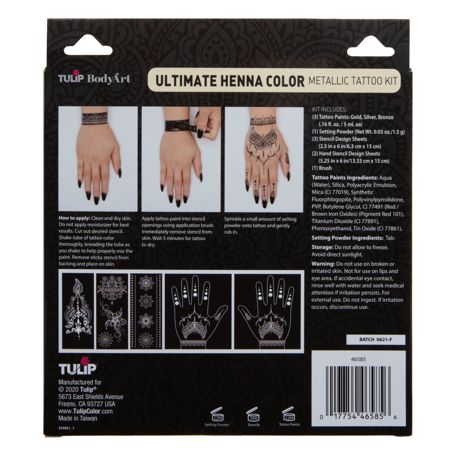 46585 Body Art Ultimate Henna Color Metallic Tattoo Kit  Back of Package