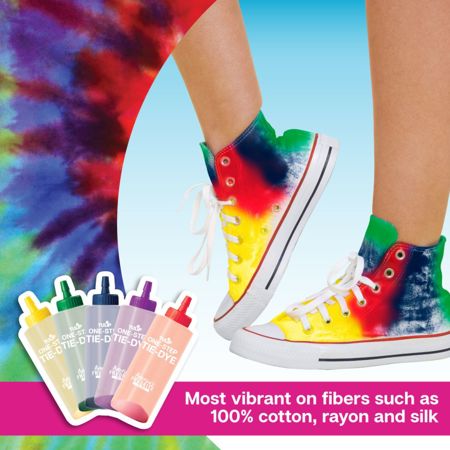 Rainbow One-Step Tie-Dye Road Trip Kit infographic with shoes