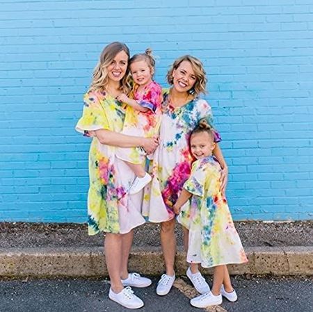 Family wearing tie dye dresses 