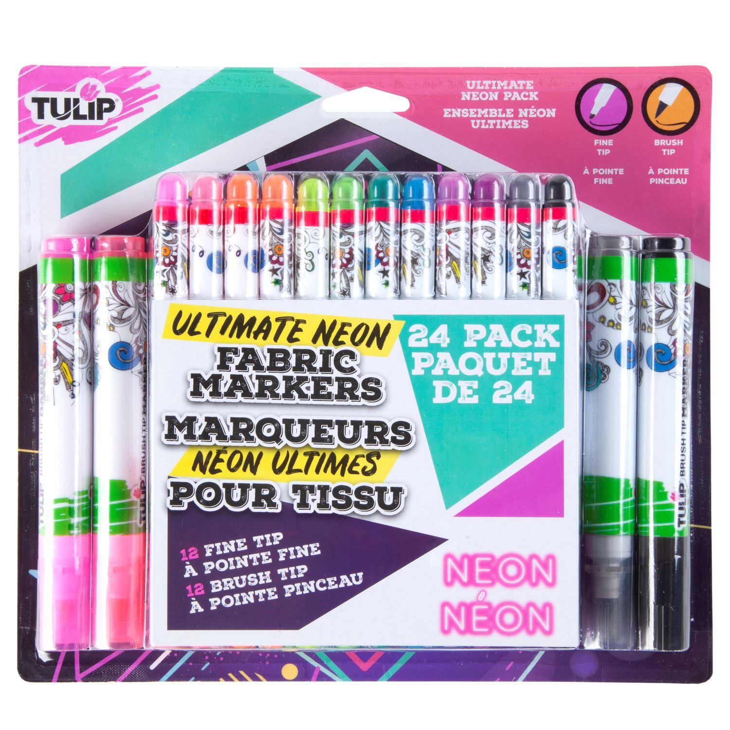 iLoveToCreate  Tulip Fine Tip & Brush Tip Fabric Markers Ultimate Neon  24-Pack