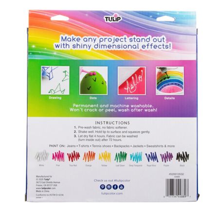 Dimensional Fabric Paint Rainbow Color Collection 10 Pack back of box
